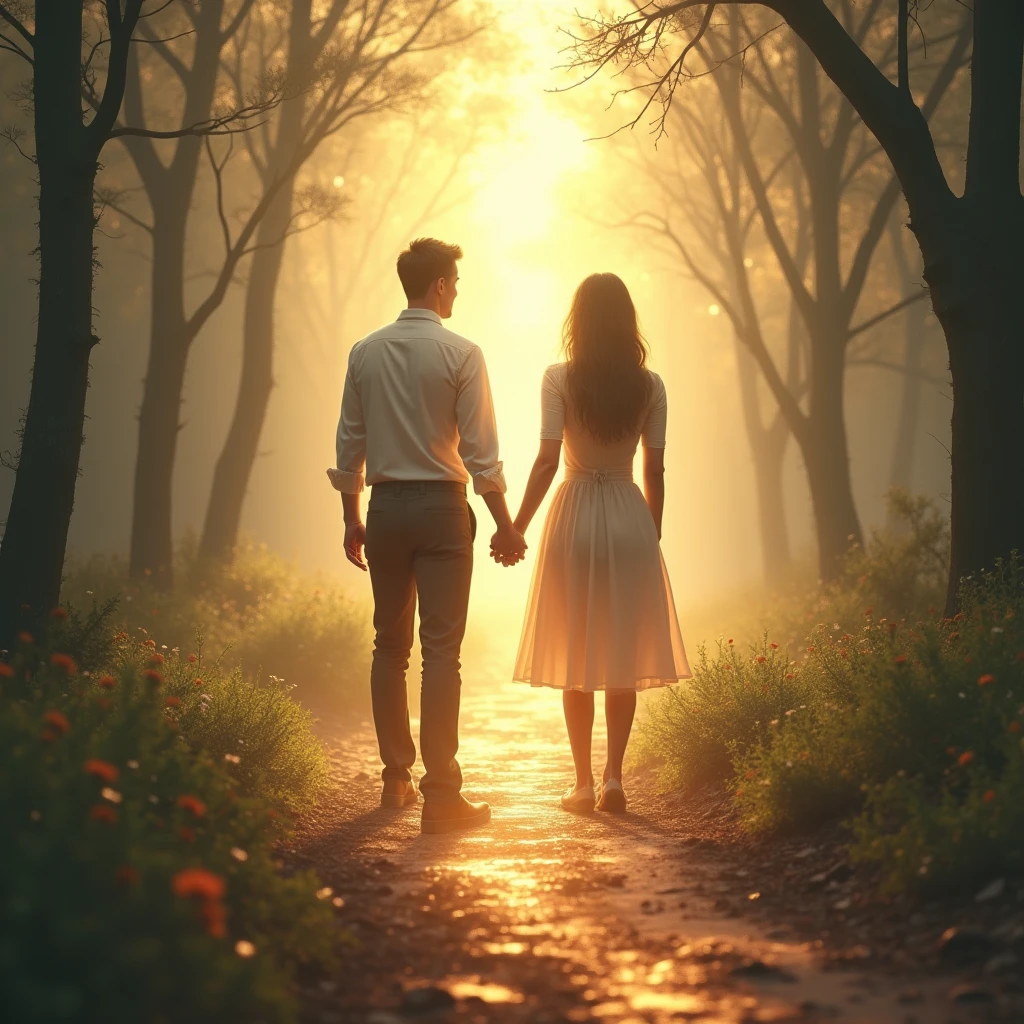 branch point、Hesitation、I'll take your hand and walk、Couple、Back view、Bright light path、spiritual、