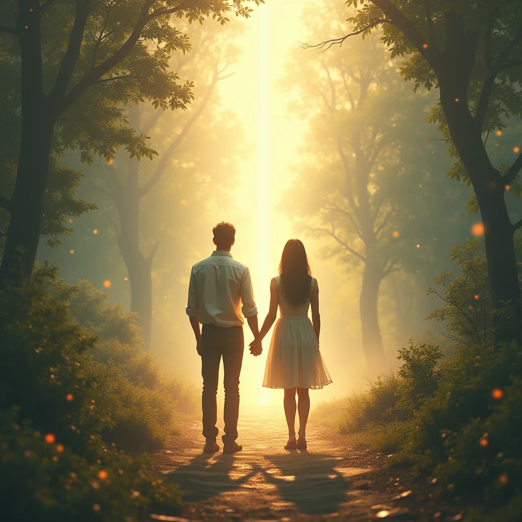 branch point、Hesitation、I&#39;ll take your hand and walk、Couple、Back view、Bright light path、spiritual、