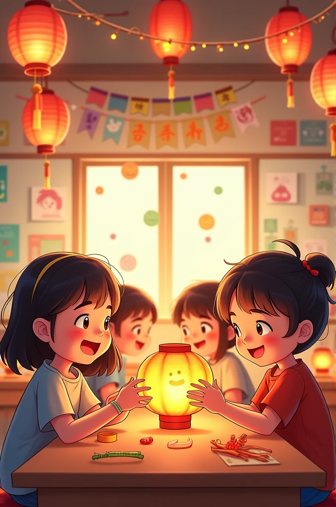 An animated depiction of children in a classroom, smiling and making various types of lanterns for Mid-Autumn Festival, with festive decorations around them.