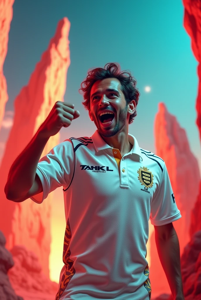 A person with cricket white jersey fist bumping to Rock