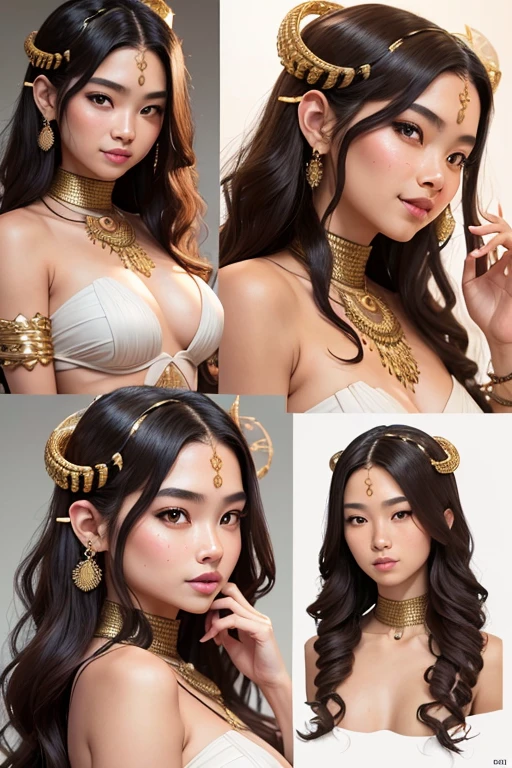 
A young - yrMedusa's girl with Asian face features, charming face, perfect fullbody details, having large many snake pet, with a snake skin, body and hairs, (wavy hairstyles brown king cobra colors), ( having a dark skin tone texture masterpiece ), ( with many different poses, illuminating background Lights, crystalized glowing radiance all over, Large breasts, Covering Ears, Blush, Smile, Expressions, Nervous Smile, Crazy, Amber Eyes, Oral Invitation, Very Long Hair, brown king cobra Hair, Floating Hair, Wavy Hair, Tentacle Hair, Multiple Views, Tachi-e, Isometric View, Rotational Symmetry, Reference Sheet, Perspective, Collage, Fujifilm, Mole Under Mouth, Snake Hair Ornament, Bandage On, Hyperrealism, Cinematography, Jewelry, Masterpiece, Solo, Three Sided View, Character Sheet Full-Length, F/16, Social Media Composition, 