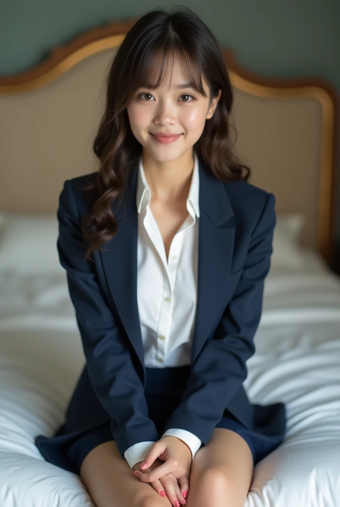 (High school girl in a suit:1.4, , beautiful face:1.5, Triangular Face, sitting on a luxurious bed), See your viewers, ((embarrassing:1.3, smile:1.1)), shy smile, open the mouth, silky skin, Natural makeup, bright lips, group photo, (sexually suggestive:0.7), (Same school uniform:1.5, white shirt with fully open collar, see through , Place your hands on your chest:1.24), (naked :0.2), (three girls:1, Perfect style, whole body), ((Skinny body)), (Navy Blue Skirt, showing panties), (RAW Photos:1.4),(( legs wide open, Love, shackles:1.2)), (soft light, 16k wallpaper, RAW Photos, Idol), Become familiar, (big breasts, Expensive furniture:1.3, Sheets spread on the floor:1.4, Flowers in a planter)