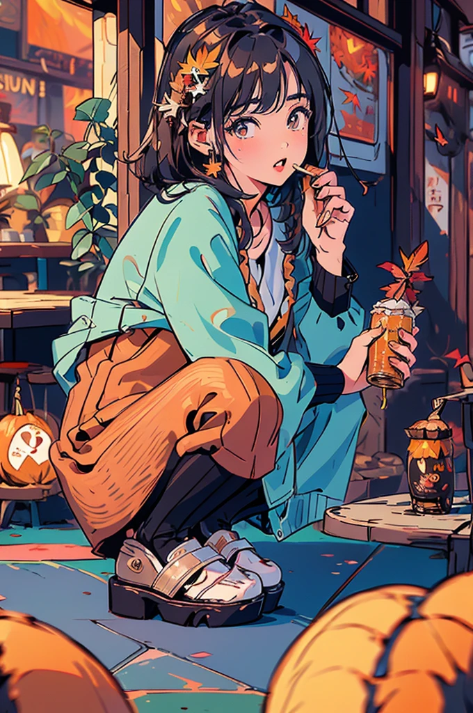 (masterpiece:1.2), Highest quality,Pixiv,Surprised girl,Portraiture、1、Large Breasts、Small waist、Close-up of face、Ecstasy、((((Autumn Outfits、shirt、Squatting sloppily))))、pread your legs、Girl sitting、Beer and Yakitori、Matsutake