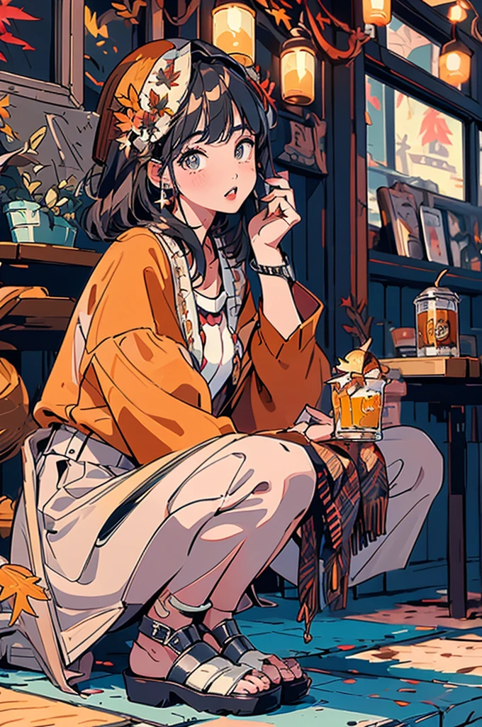 (masterpiece:1.2), Highest quality,Pixiv,Surprised girl,Portraiture、1、Large Breasts、Small waist、Close-up of face、Ecstasy、((((Autumn Outfits、shirt、Squatting sloppily))))、pread your legs、Girl sitting、Beer and Yakitori、Matsutake