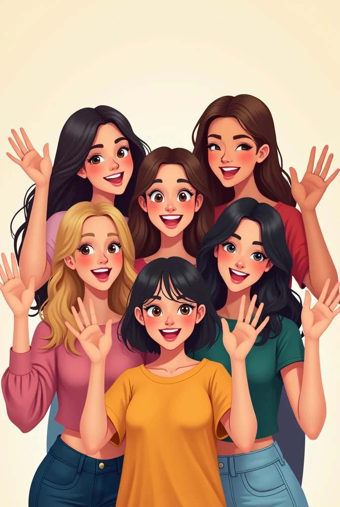 Make me a 2D drawing of five women in their 20s waving, the first one with shoulder length blonde hair with dark brown eyes, the second long wavy brown hair and dark brown eyes, the third shoulder length wavy brown hair with light brown eyes, The fourth one is shorter than the previous ones with big, light brown eyes., long brown straight hair; the last one with wavy black hair, Dark brown eyes and white skin
