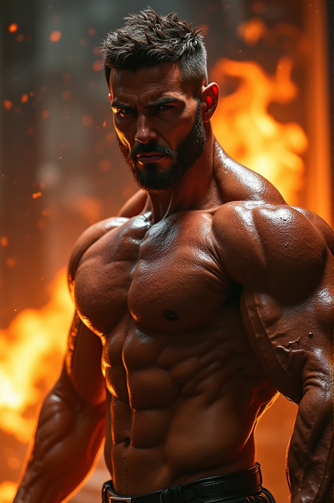 A full agressive man in gym fire body , full fitness