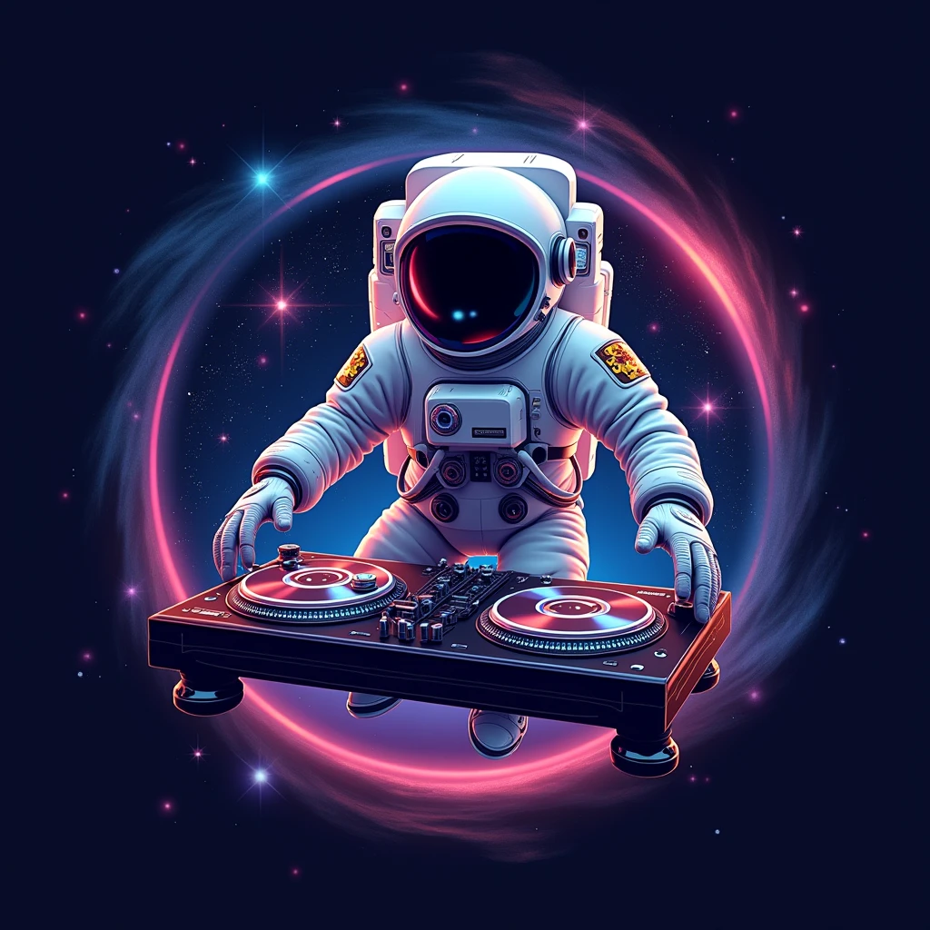 Create a logo with a space background and an astronaut floating with DJ turntables and playing the piano composing a song in drawing
