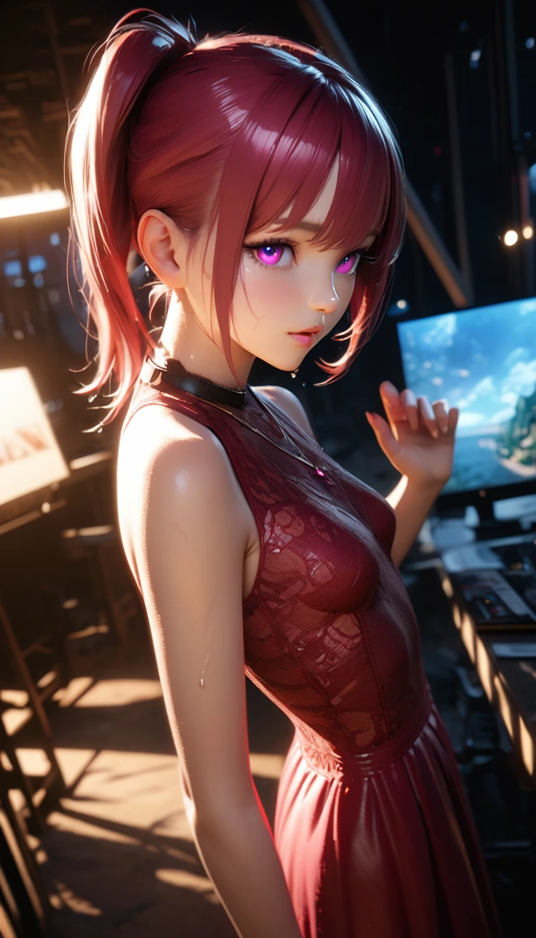 masterpiece,Game Art,Best picture quality,Maximum resolution,8k,(High Angle:1.2),Unreal Engine 5 rendering works,Ray Tracing,RAW photos,(((Left half of the face))), (((Tosca Hair Color))), ((Long double ponytail hairstyle)), Enjoy the scenery, Focus on the Horizon, (((Perfect eyes))), (((sneer))), 2 girl, Perfect body, (((Perfect anatomical structure))), Tosca Eye Color, Double eyelids, (((Small breasts))), Very detailed skin texture, (Realistic skin), Ultra-fine face, Delicate lips, (((Delicate eyes))), (((Double eyelids))), necklace, Moist skin, Wet hair, Simple background, (Front focus), (On the peaks:1.2), (((Night Atmosphere))), Deep Dark, Surrealist Portraits of Women by David Hockney and Alphonse Mucha, Fantasy Art, (((Photo-realistic))), ((Dynamic poses)), (((World Model Poses))), Dynamic Lighting, Art Station, poster, Volumetric Lighting, Very detailed faces, 4K, in the darkness, (((Night Atmosphere))), ((Deep Shadows)), Low profile, Cowboy shooting, (((Red long skirt))), Lighting Dress, (((Erotic lace dress))), (((Red stockings))),((3D Unreal Engine)),OC rendering reflection mode