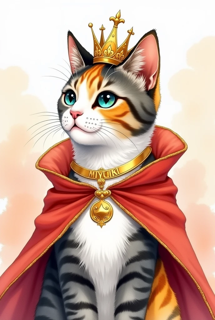 Watercolor painting of a tricolor striped cat in white, gray, yellow and black colors dressed as a queen, With a crown and a red cape, the cat has a round spot in front of her neck, striped gray and black near the collar, and is in profile looking at the front with a gold collar that says "miyuki"