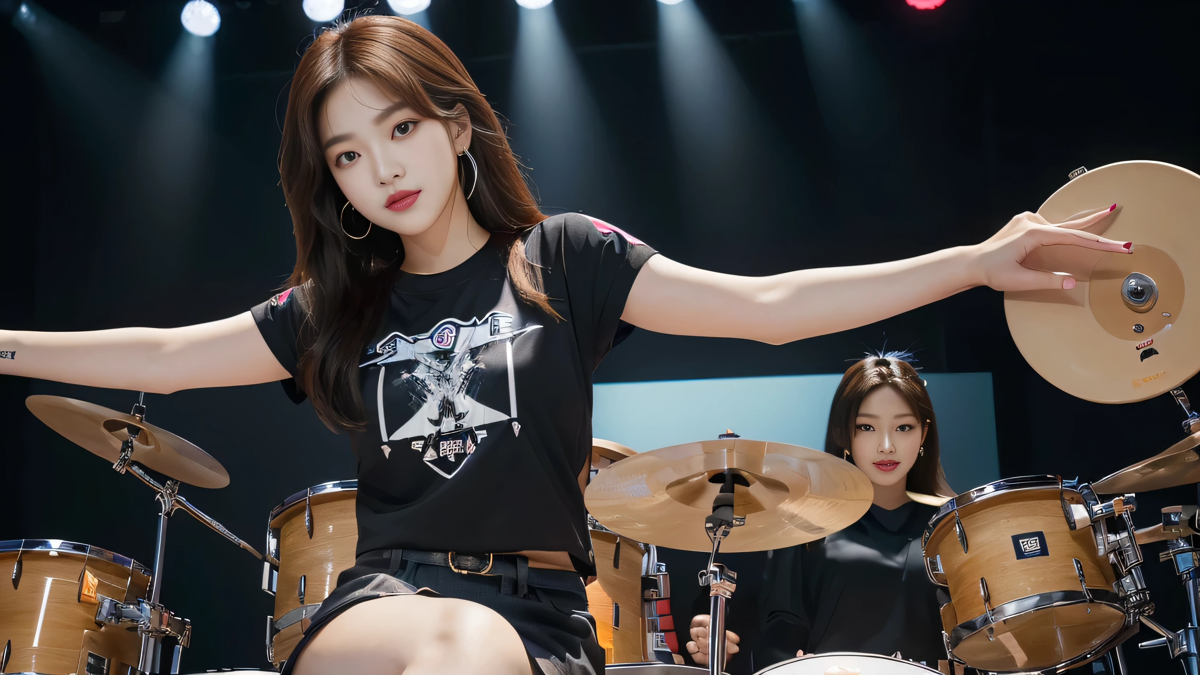arafed woman sitting on a drum set with her arms outstretched, jaeyeon nam, portrait of female korean idol, portrait of jossi of blackpink, tzuyu from twice, playing drums, jossi of blackpink, with axe, drummer, official store photo, lee ji-eun, lee ji - eun, captured on canon eos r 6