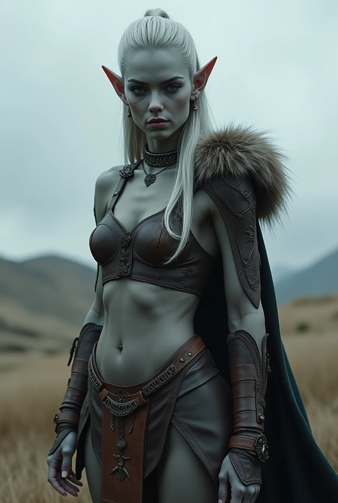 Gray ash female elf wearing vikings outfit with big boobs