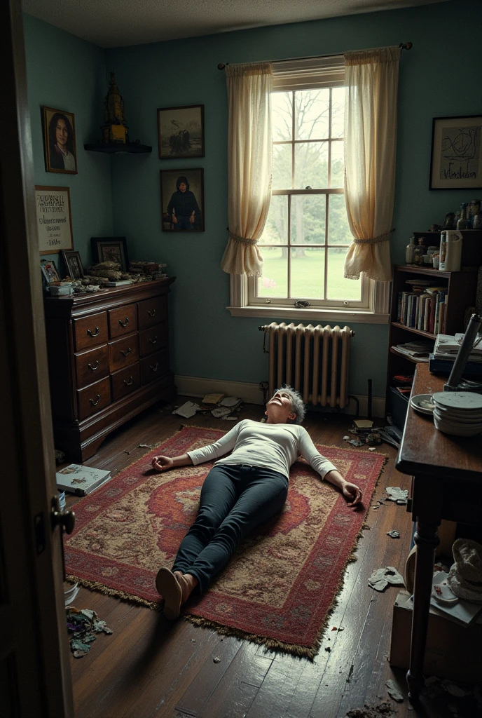 A chilling crime scene in Millville, Pennsylvania, autumn 1987. Martha Reynolds, a retired schoolteacher, lies motionless in her cluttered living room, showing signs of a brutal beating and strangulation. The peaceful town is starkly contrasted by the eerie scene inside her quaint house.