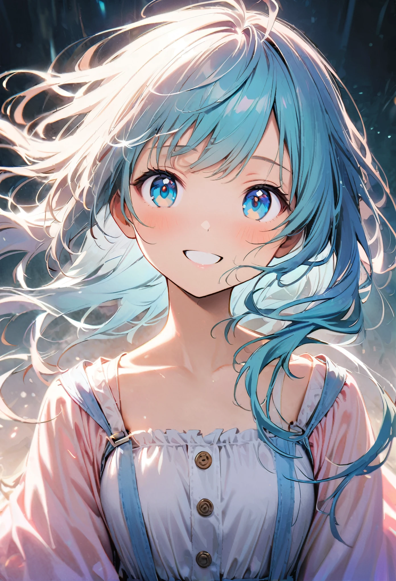 2.Create a 7D anime style portrait of a beautiful girl。big expressive eyes、Soft pastel colors、Features detailed, flowing hair。The background is minimalistic、Soft lighting accentuates character features。The overall atmosphere is calm and a little fantastical.。whole body。ultra-detailed。Big smile