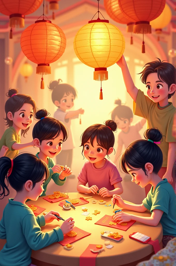 A lively illustration of students, each creating unique lanterns with scissors, paper, and glue, in a joyful Mid-Autumn Festival atmosphere.