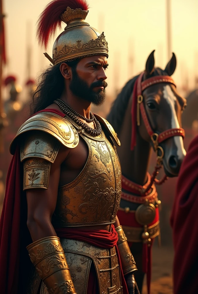 ." An intense scene showing Maharana Pratap in traditional Rajput armor, preparing for battle with his loyal horse, Chetak, by his side. The setting is a war camp with other soldiers and horses, and the mood is one of anticipation and readiness. The early morning light casts a dramatic glow over the scene."