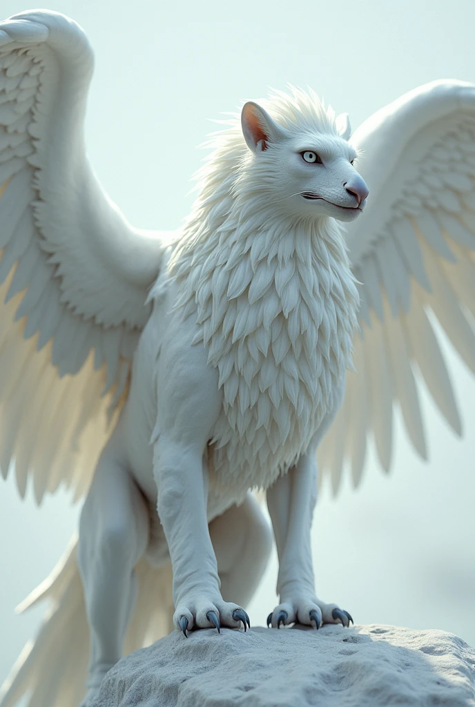 Griffon、A monster with the head and wings of an eagle and the body of a lion、真っ白なGriffon、アルビノのGriffon、god聖的な生き物、god々しいGriffon、Rinと立つ鋭い目つきのGriffon、Rin々Standing