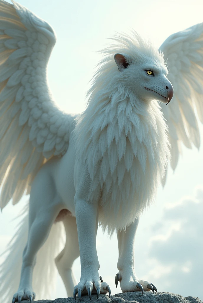 Griffon、A monster with the head and wings of an eagle and the body of a lion、真っ白なGriffon、アルビノのGriffon、god聖的な生き物、god々しいGriffon、Rinと立つ鋭い目つきのGriffon、Rin々Standing