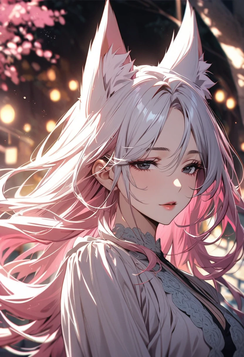 girl, mature, adult, fox ears, white hair, pink hair, long hair, black eyes, beautiful eyes, beautiful color, high detail, beautiful background, dress, half eyes, gentle