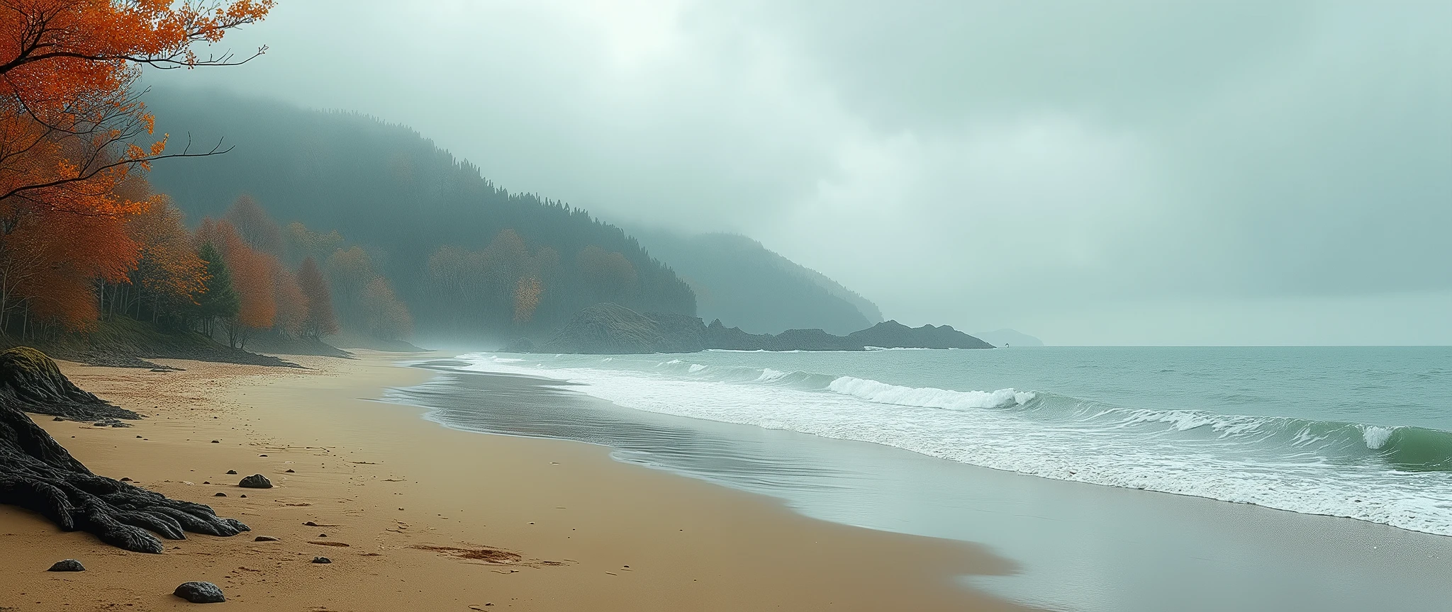 Dark Autumn rain, beach ,Fall Lofi, landscape,water color