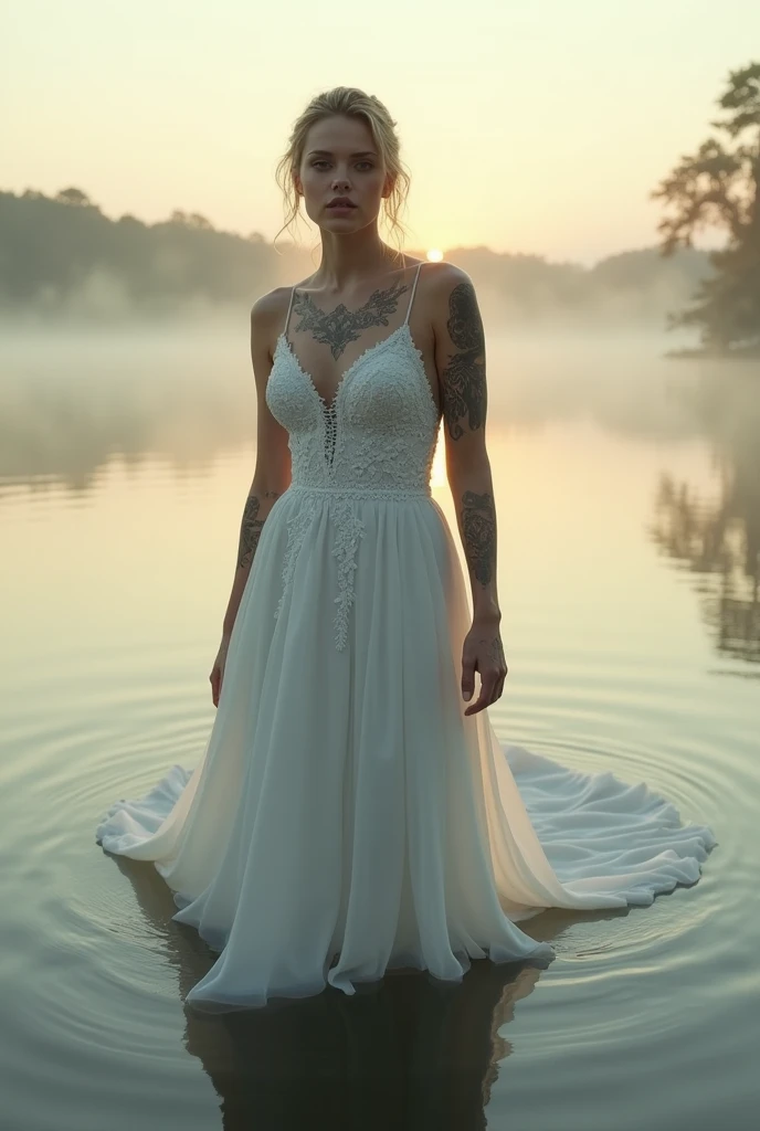 Photorealistic 2 Scarlett Johansson, tattooed, hair wet back, in a white wedding dress half submerged in a misty lake at dawn. 