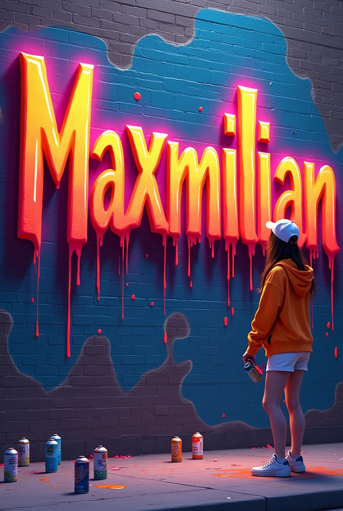 "A vibrant street art scene with a beautiful girl in an orange hoodie and white shorts, cap, holding a spray can, facing a large brick wall. The wall features the word 'MAXMILLIAN' in bold, dripping, 3D graffiti letters with a neon gradient effect ranging from deep purple to fiery orange. The graffiti has a realistic, glossy texture, with paint dripping down the wall, creating a dynamic and colorful atmosphere. The boy, standing on a sidewalk, is surrounded by spray paint cans, suggesting he just finished creating the artwork."