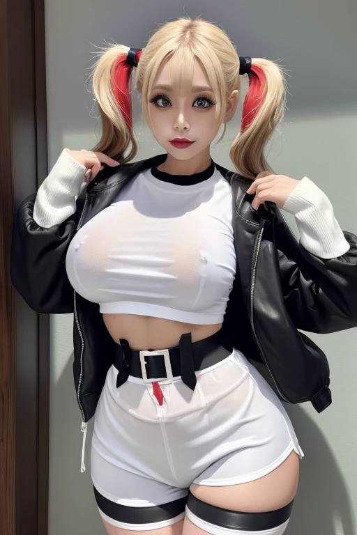 Harley Quinn Cosplay Twin tails,, belly button, Look at the viewers, Put your hands behind your back, Black jacket, Dolphin Shorts, Rat Trail Section, (White shirt:1.2), Wet see-through shirt, wide waist, Big Breasts, Thick thighs, Harley Quinn inspired makeup,
I can see under my chest, Nipples visible through clothes,
big\(Body Proportion\),Japanese Gal