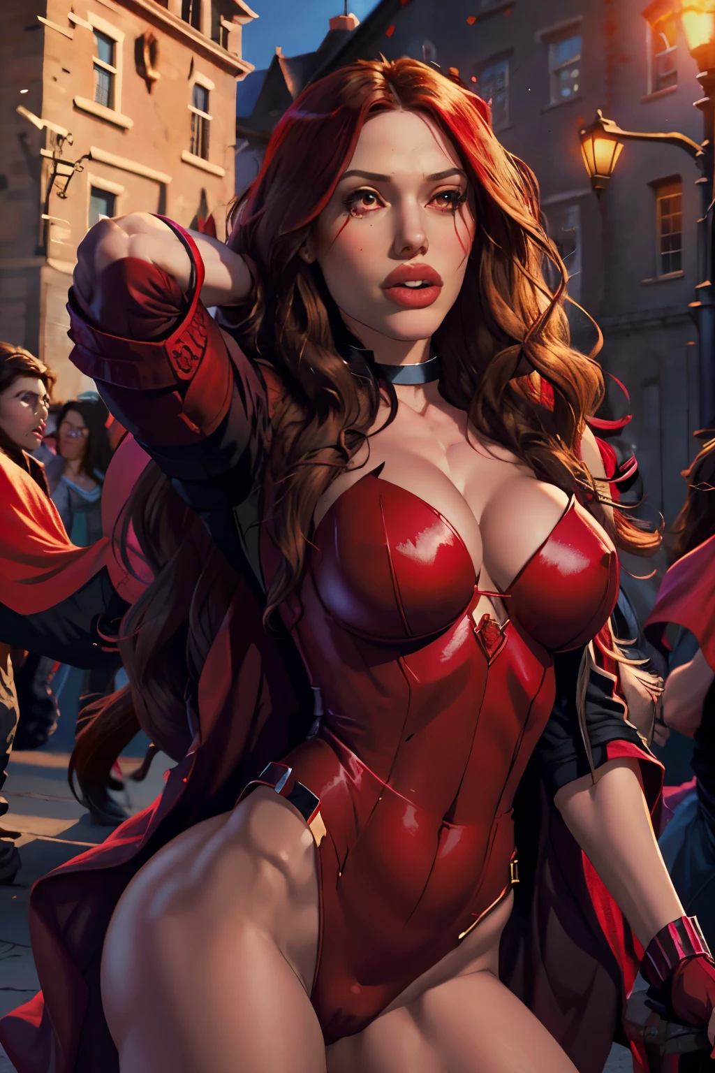 ((SCARLET WITCH)), perfect face、precise、(Accurate hand and finger depiction)、(Accurate lip drawing)、(Accurate tongue depiction)、 scarlet witch woman、long hair、beautiful nails、black nail polish、eye shadow、red cloak、red knee high boots、