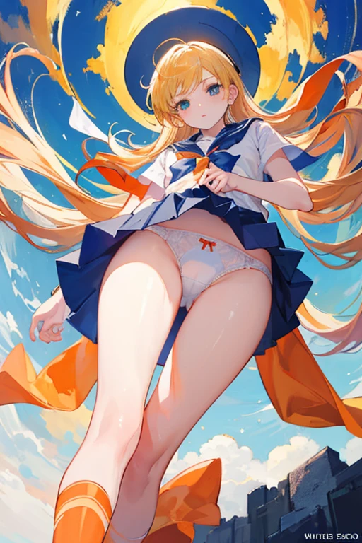 ((Best Quality)), ((masterpiece)), (Very detailed), 1 girl, sailor venus art, mini skirt, white panties,looking at the viewer,((Whole body)),((view from below))