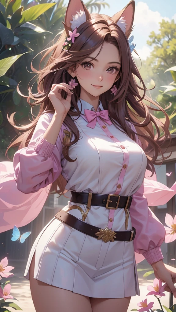 (best quality,4k,8k,highres,masterpiece:1.2),ultra-detailed,(realistic,photorealistic,photo-realistic:1.37),acrylic painting,beautiful Brazilian model in a uniform outfit with downy hair,beautiful Brazilian model with extremely colorful brown hair and detailed facial features,beautiful Brazilian model standing in a beautiful garden sakura flowers, long hair,cat ears, hair bows, uniform pink and blue outfits, smile, happy face,light brown hair,butterflies, brown eyes, mature woman, older woman, 30 year old, adult woman. Older lady