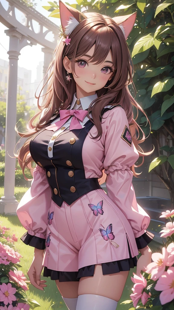 (best quality,4k,8k,highres,masterpiece:1.2),ultra-detailed,(realistic,photorealistic,photo-realistic:1.37),acrylic painting,beautiful Brazilian model in a uniform outfit with downy hair,beautiful Brazilian model with extremely colorful brown hair and detailed facial features,beautiful Brazilian model standing in a beautiful garden sakura flowers, long hair,cat ears, hair bows, uniform pink and blue outfits, smile, happy face,light  brown  hair,butterflies, brown eyes,  mature woman, older woman, 30 year old, adult woman. Older lady