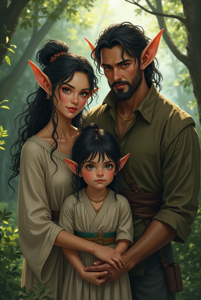 A with hair as black as the night and eyes as gray as the moon, with your parents, the father being a strong hunter and his mother a musician. The family all elves Semi realistic style almost anime