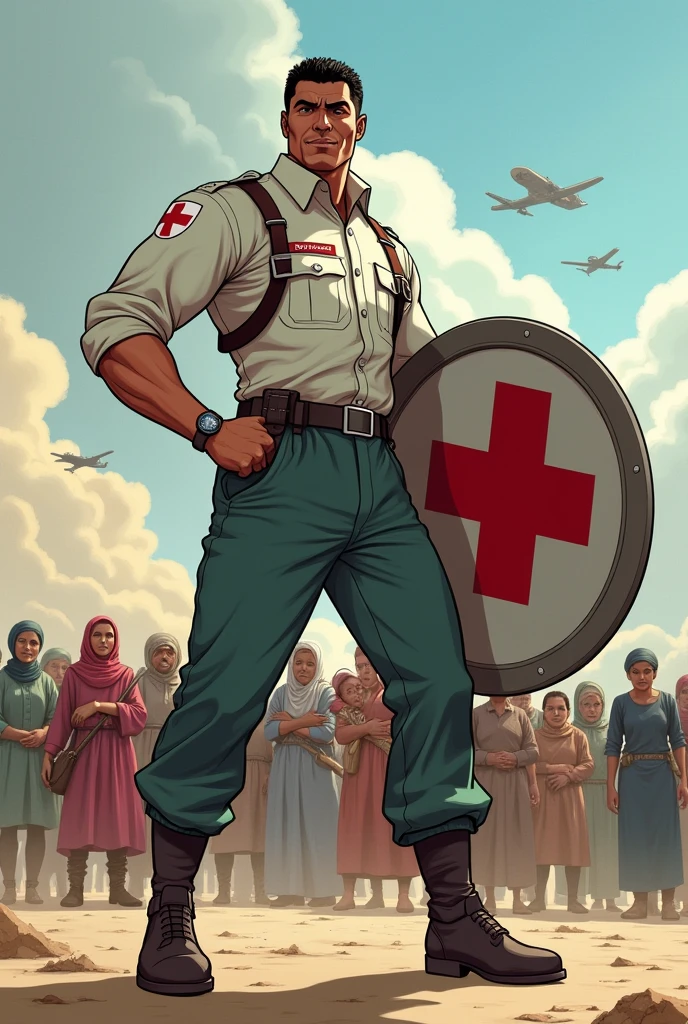 Make a cartoon of a person with the Red Cross symbol on his arm extended forward, protecting a group of civilians (children, women and elderly) who are behind him. The figure could be standing on neutral ground between two opposing armies., but without showing direct violence, highlighting more the gesture of protection and the human figure.