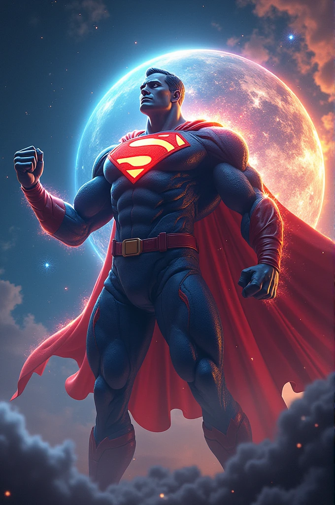 Here's a detailed prompt for creating an image of a planet as a superhero:
"A dynamic and colorful representation of a superhero planet. The planet should have a powerful, human-like form with strong muscular arms and legs, wearing a suit made of swirling cosmic elements like stars, nebulae, and galactic dust. Its surface features landmasses, oceans, and clouds that resemble a superhero cape flowing behind it. The planet's eyes are bright and filled with a glowing, cosmic energy, and its expression conveys determination and strength. One hand is raised in a fist, symbolizing justice and power, while the other hand radiates a vibrant aura of light, representing its special abilities. The background should be filled with a cosmic landscape of stars and galaxies, highlighting the planet's celestial superhero nature."