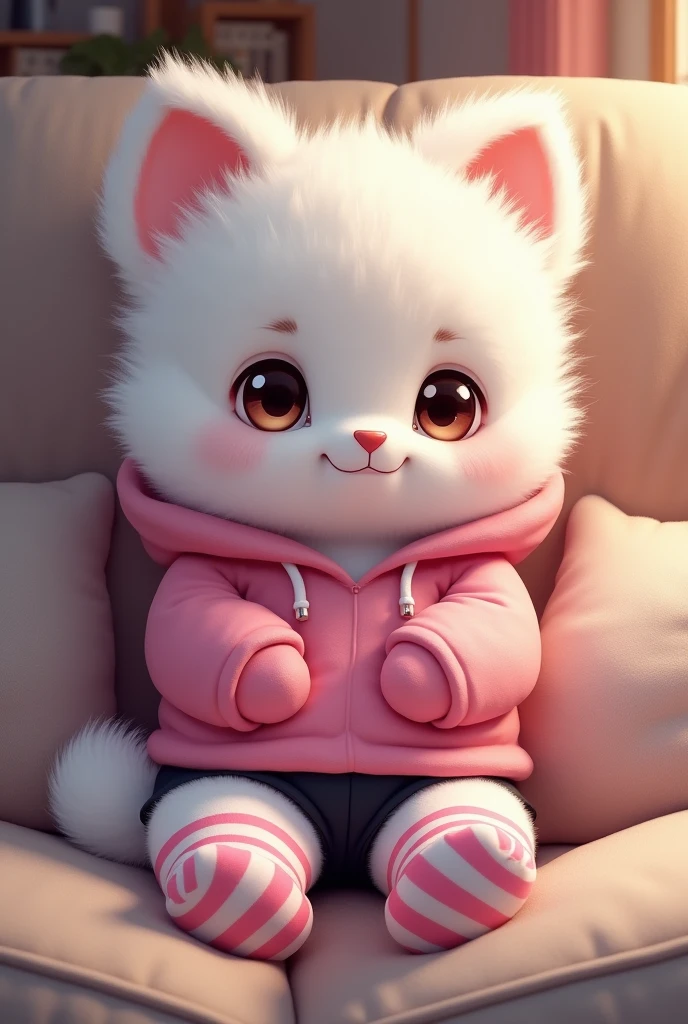 Kemono cub with white fur, sitting on a couch, while wearing a pink hoodie, and black booty shorts, while also wearing pink and white striped thigh highs. 