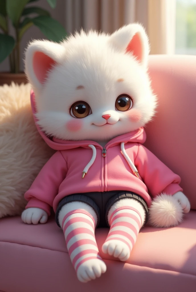 Kemono cub with white fur, sitting on a couch, while wearing a pink hoodie, and black booty shorts, while also wearing pink and white striped thigh highs. 