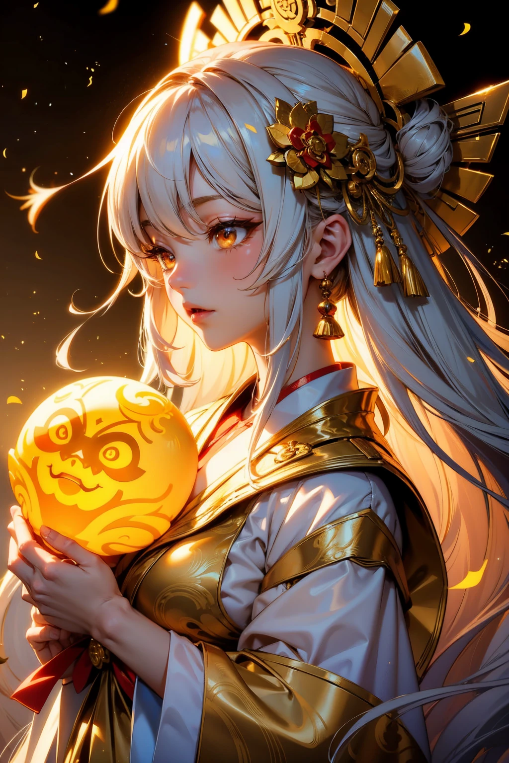 Amaterasu Oomikami,Facing forward。
Upper body close-up。This is the figure of a shrine maiden.。There is a gold ornament on the head。Hair is black。The background is the glow of the sun。She is a charming goddess。solve,8k、masterpiece
