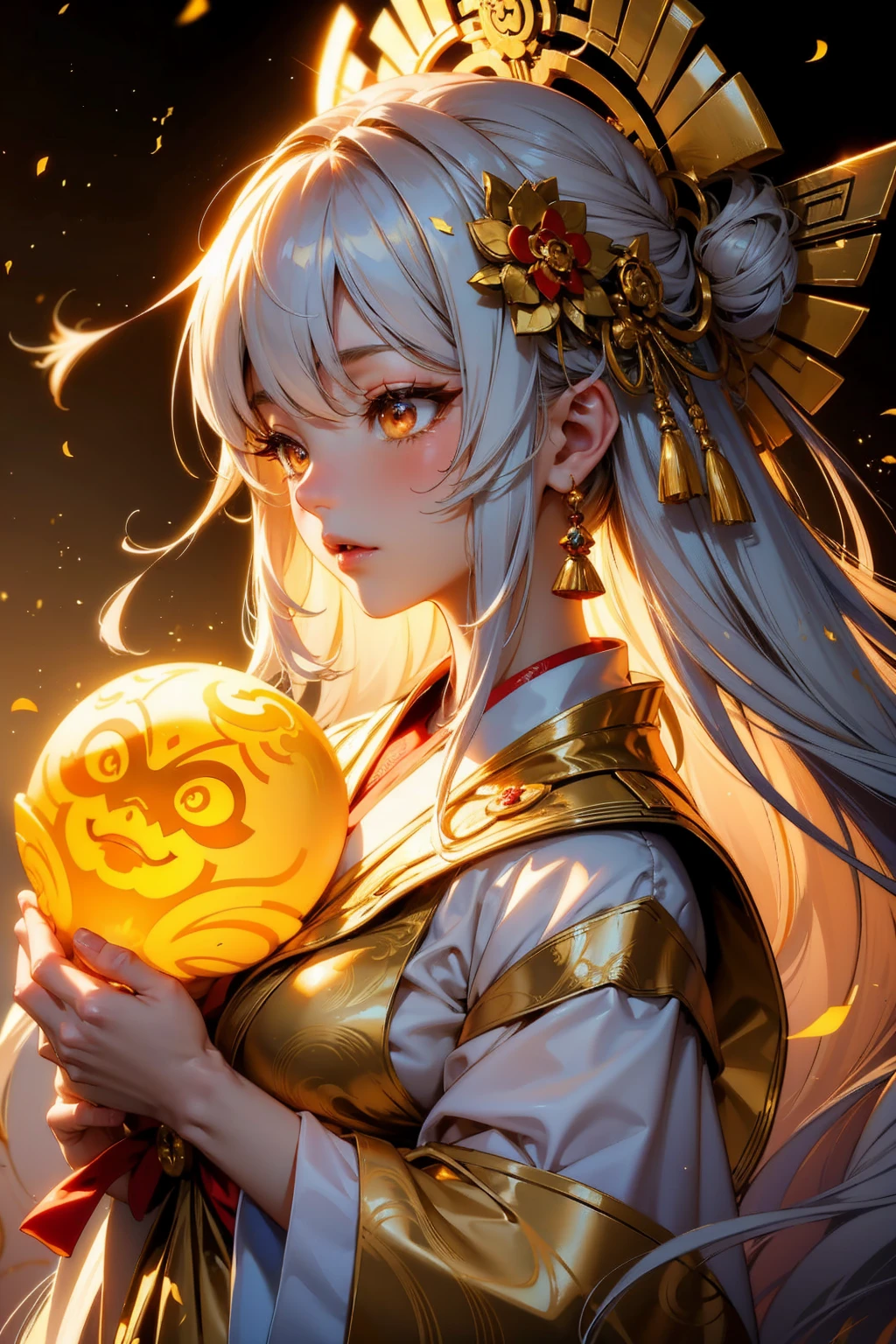 Amaterasu Oomikami,Facing forward。
Upper body close-up。This is the figure of a shrine maiden.。There is a gold ornament on the head。Hair is black。The background is the glow of the sun。She is a charming goddess。solve,8k、masterpiece