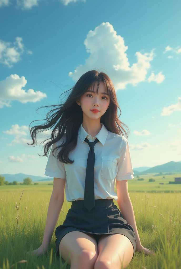 Best quality, masterpiece, ultra high res, (photorealistic:1.4), raw photo, 1girl, korean girl, cinematic lighting, meadow, blue sky, white clouds, necktie, white collared shirt, sleeveless, long hair, necktie, sitting on the ground, short skirt, sleeveless, real person