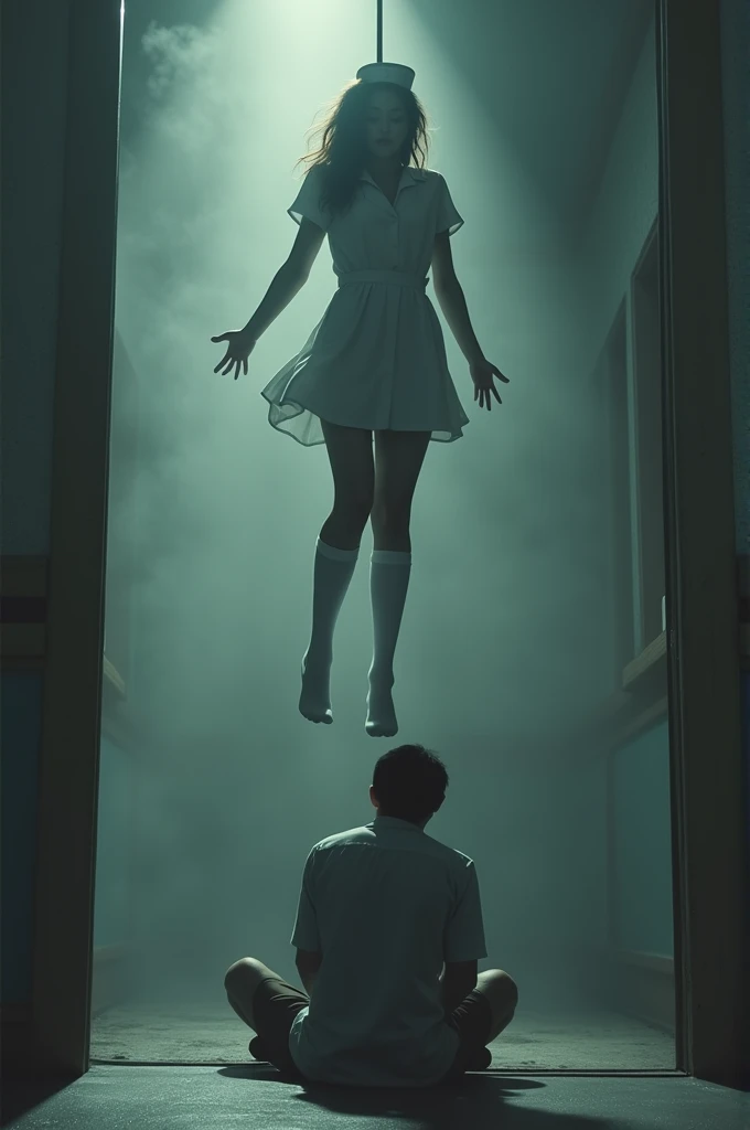 Scene of female nurse hanging herself in white thigh high socks ,hovering in the air , a man sitting on the ground in panic