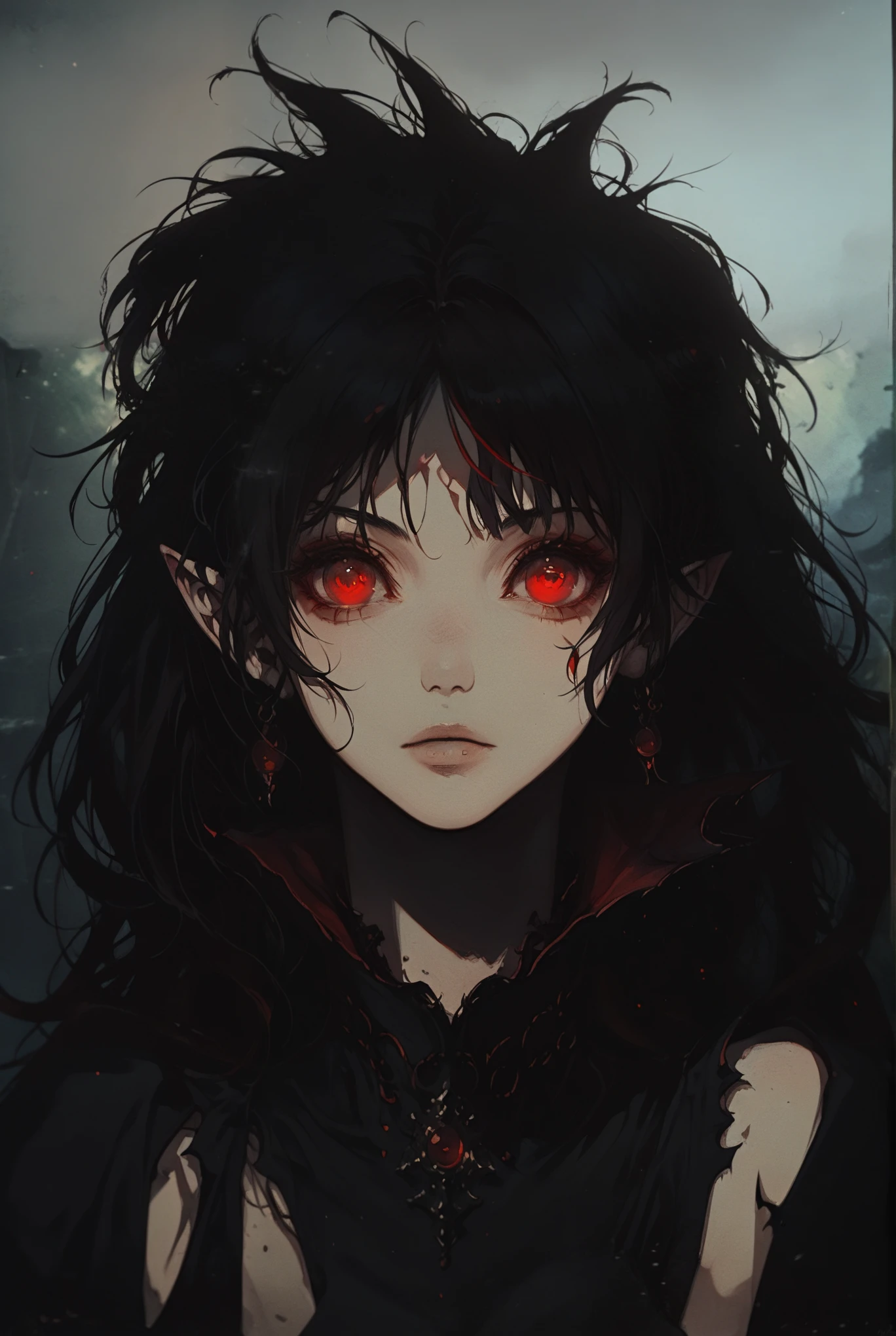 anime girl with red eyes and black hair with a black dress, with glowing red eyes, with red glowing eyes, cute face. dark fantasy, demon anime girl, epic anime style, stunning anime face portrait, dark fantasy style art, black hair and large eyes, fully red eyes, portrait of demon girl, with red eyes, red-eyed, red - eyed