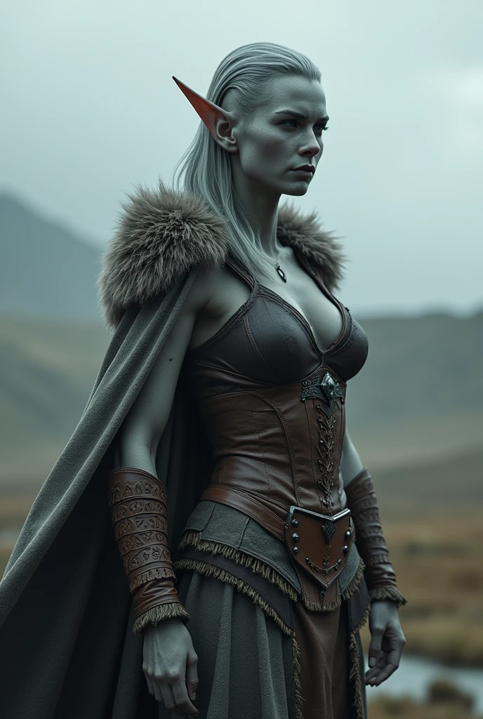 Gray ash female elf wearing vikings outfit with big boobs