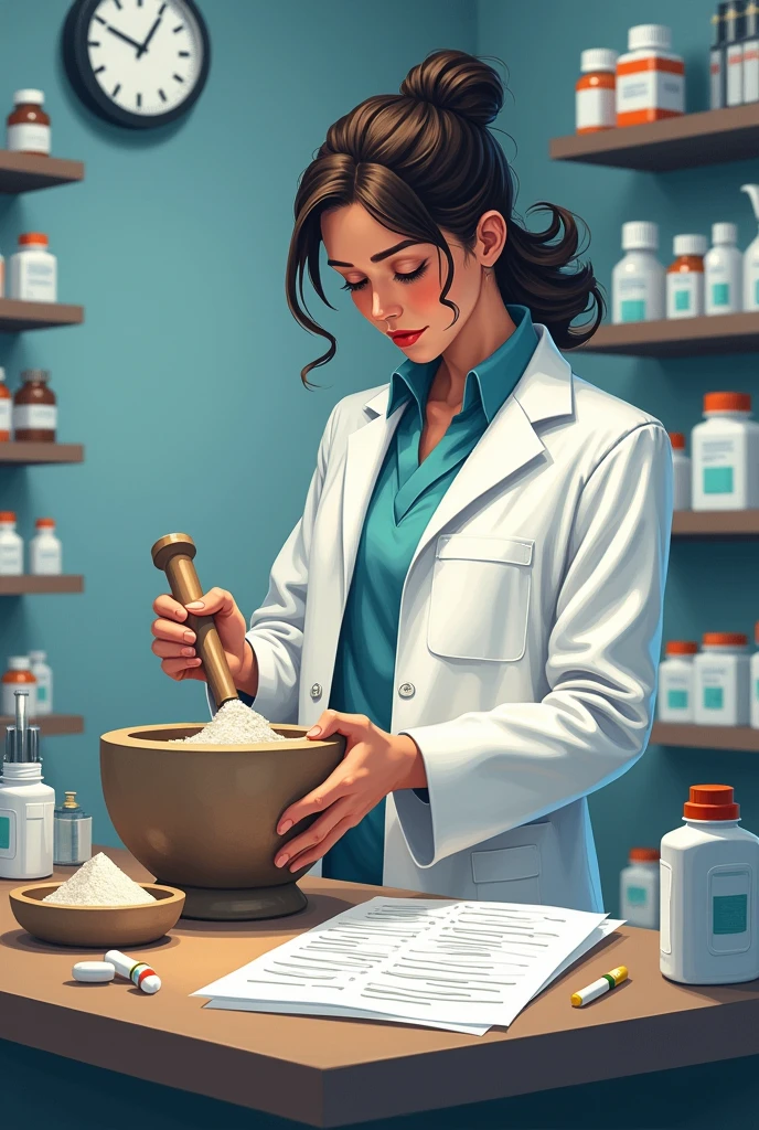 Prescription page and some compounding medicine mortar and pestle some powder. A pharmacist standing by side