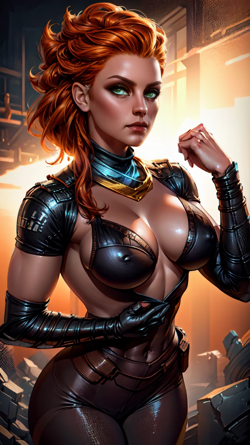 beautiful detailed eyes, beautiful detailed lips, extremely detailed eyes and face, long eyelashes, 1girl, cosplay, Kim Possible cosplays as Aloy from Horizon games, intricate detailed costume, high quality 3D render, cinematic lighting, photorealistic, hyper detailed, vibrant colors, warm lighting, dramatic pose, dynamic action, epic fantasy, human anatomy, no bra