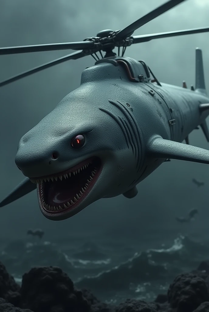 Create a shark fish with combination of helicopter deadly 
