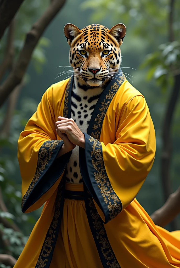 A Sri Lankan leopard. Wearing a Yellow and black robe with green belt. Doing a kung-fu pose.