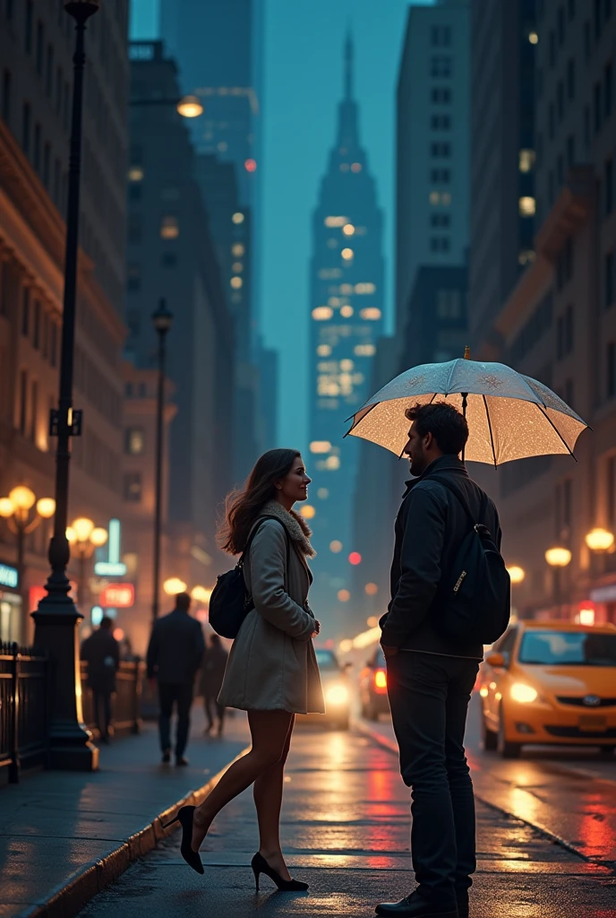 Night view in a newyork on road . a man looking a beautiful girl she was happy. A umbrella in hand for girl