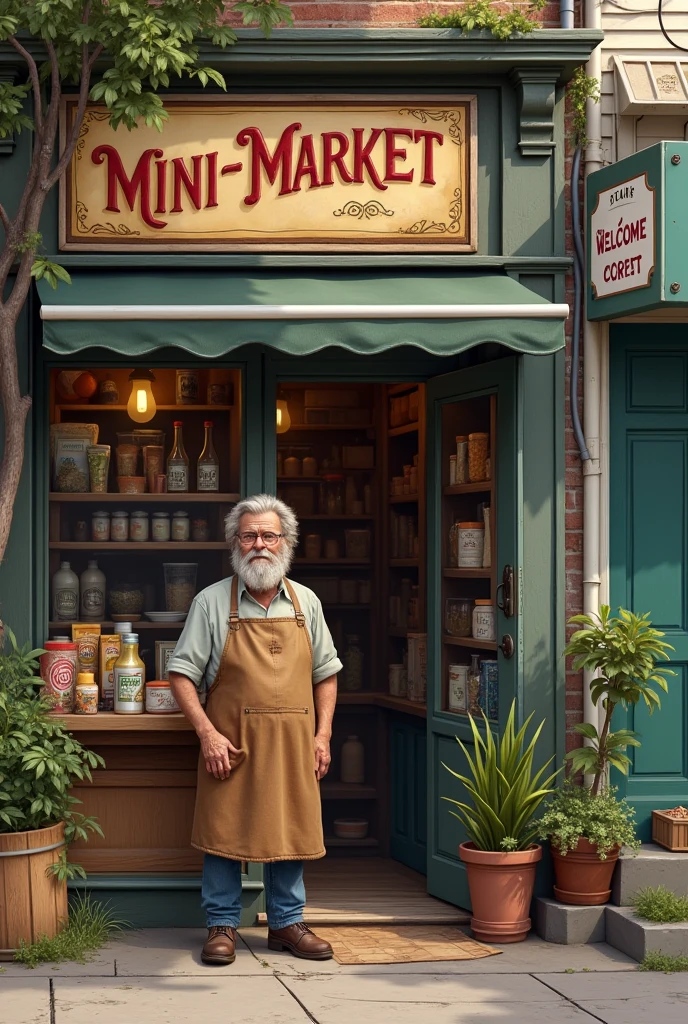 the facade of a corner mini market with the owner in front wearing an apron