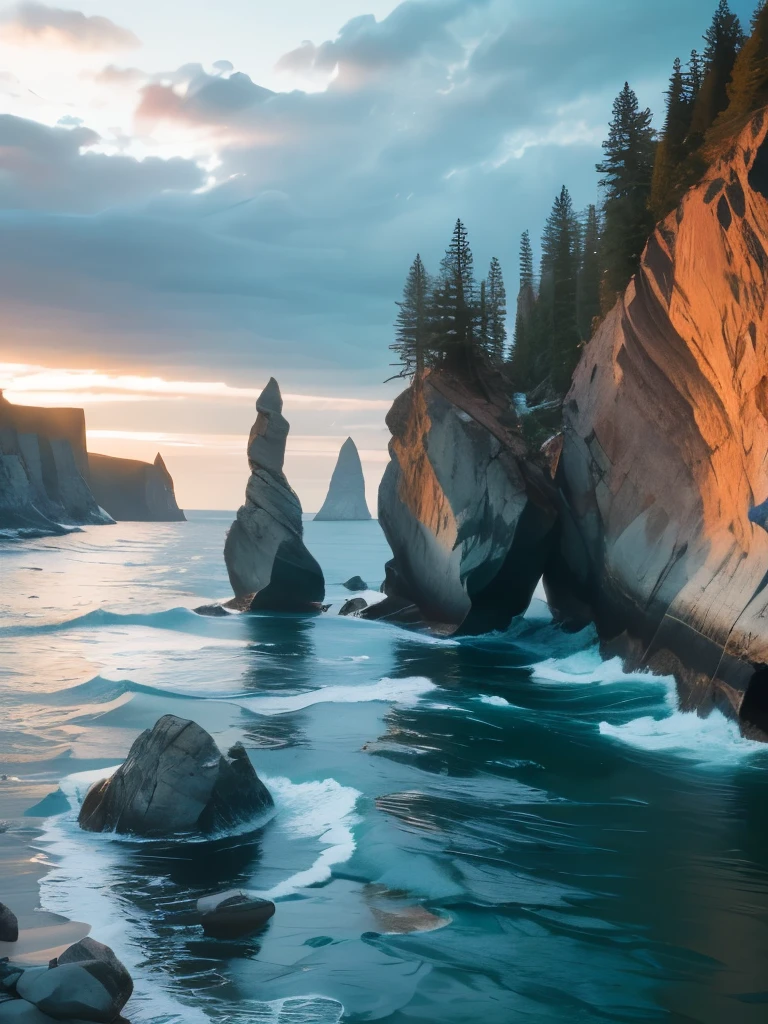 there are many rocks in the water near the shore, a picture by Kristin Nelson, unsplash, les nabis, with jagged rocks and eerie, incredibly beautiful, with jagged rocks & eerie, rocky cliffs, rocky cliff, with lots of dark grey rocks, sheer cliffs surround the scene, rock formations, jagged rocks, black rocks, photo taken from a boat