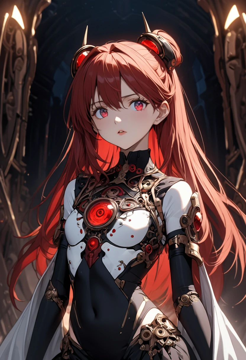 ((best quality)), ((masterpiece)), (detailed), 1girl, Asuka Langley Soryuu (big forhead:1.2),extremely detailed cute anime face, (((flat chest))), (flat chest:1.1),((((reddish hair)))),intricate eyes,beautiful detailed eyes,symmetrical eyes,(((detailed face))),beautiful detailed lips, dynamic pose, looking at this, resolved, resolute, highres,(best quality),(ultra detailed,extremely detailed),perfect face details, ((masterpiece:1.4, best quality))+, (ultra detailed)+, slim body, skinny, prominent collarbones, skinny arms, flat stomach, visible hip bones, long reddish hair hair, perfect face, Detailed body，Full limbs, perfect face, a beaituful goddess valkyrie enshrined in armour, grand in scale and intricacy, occult aesthetic, occult, detailed and intricate steampunk and detailed gothic, Very dramatic and cinematic lighting, cosmic horror, grim dark, Red and black with a sense of technology, side-lighting, NSFW, Depicting female characters from ethereal anime in a high-quality anime art style, gothic lolita, full body, whole body, body