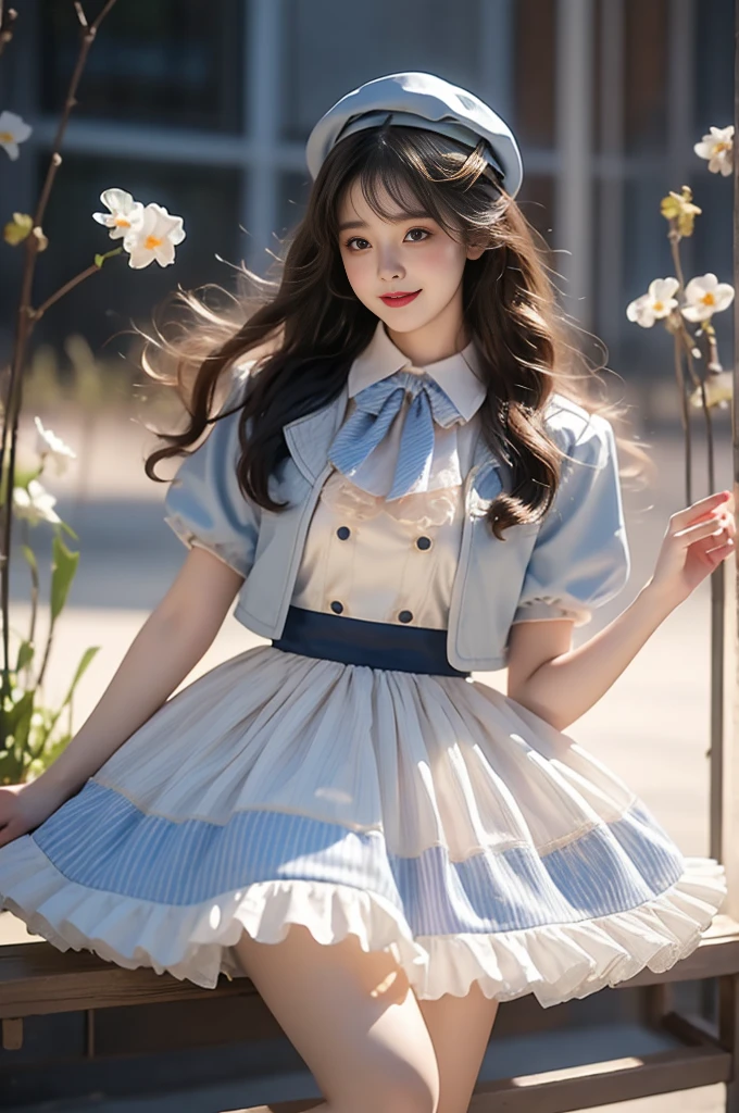 idol clothes,dress,collared dress,jacket,cropped jacket,short sleeves,bowtie,bow,buttons,hat,beret（Quality Improvement：1.4），1 Girl, Full breasts，Visible cleavage，Sexy long legs，The skirt is very short，She gently lifted her skirt with one hand,Surrounded by white Phalaenopsis orchids，Lilac dendrobium、White Lily, Flying petals，（Top quality leather), Delicate face,Black Hair, Gradient hair, Body,（Body1.1）, He has a precious gem on his forehead.., outstanding student，Long eyelashes,Smile, Surrealism, Movie Lighting, Projection Insert, Surrealism, Ultra HD, masterpiece，lie，Keep dreaming，Open your legs slightly.，Tattoo，Fantasy Space，Luxurious space，Exquisite makeup，blush，Shy expression